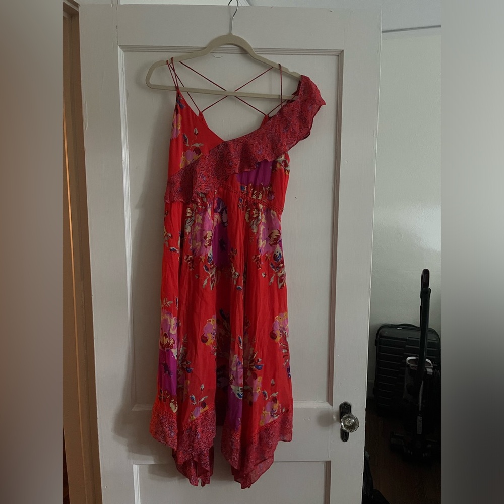 Maeve Anthropologie Red Dress with Purple Floral Design